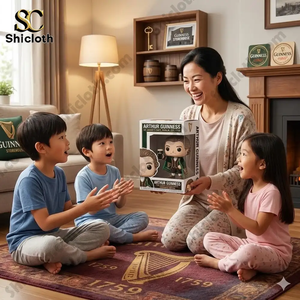 Mother giving Arthur Guinness figure box to happy children in cozy home with Shicloth style!