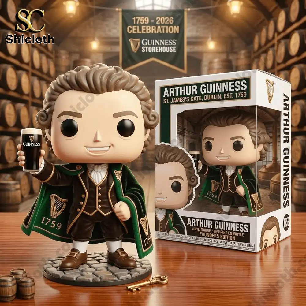 Arthur Guinness founder figure beside collector box in classic brewery cellar display by Shicloth!