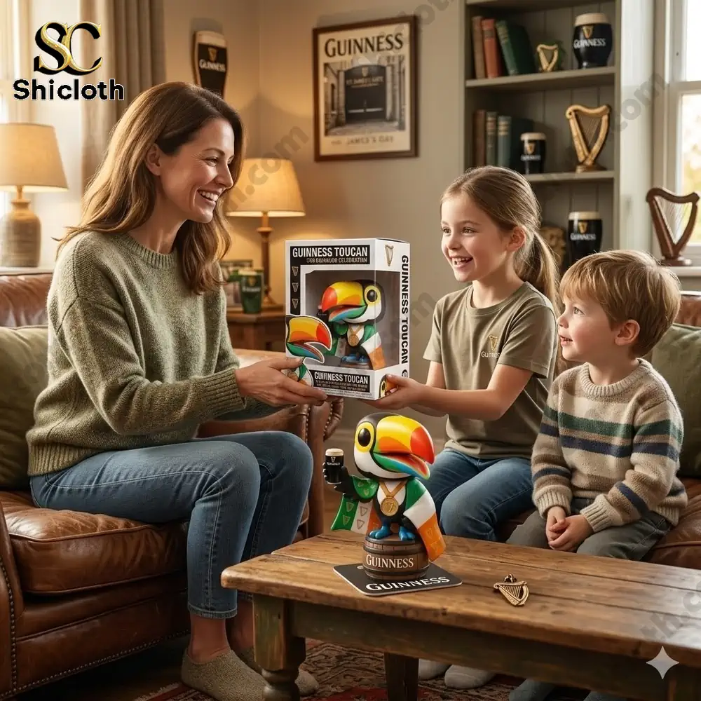 Mother giving Guinness Toucan figure toy to two children in cozy living room by Shicloth!