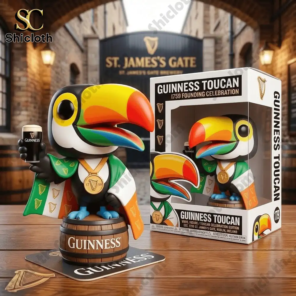 Colorful Guinness Toucan collectible figure displayed with box in front of Jamess Gate brewery scene!