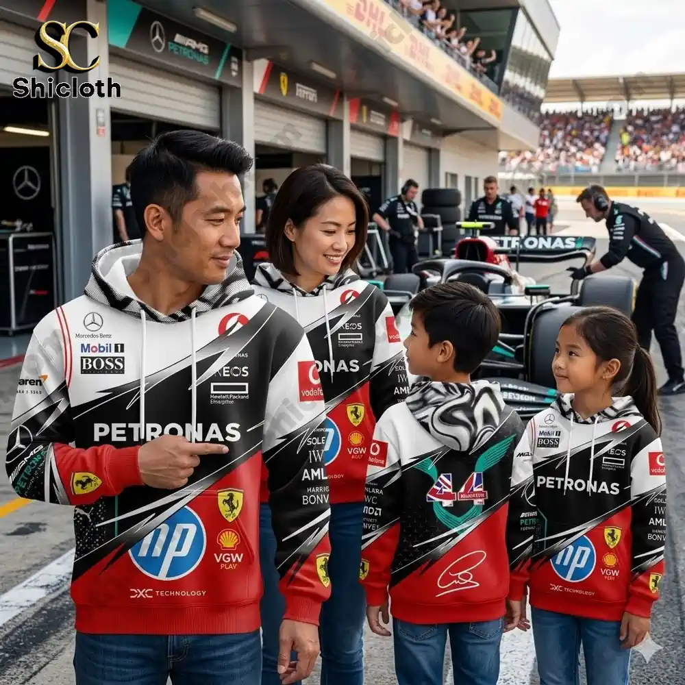 family wearing shicloth lewis hamilton formula one racing hoodie at race pit