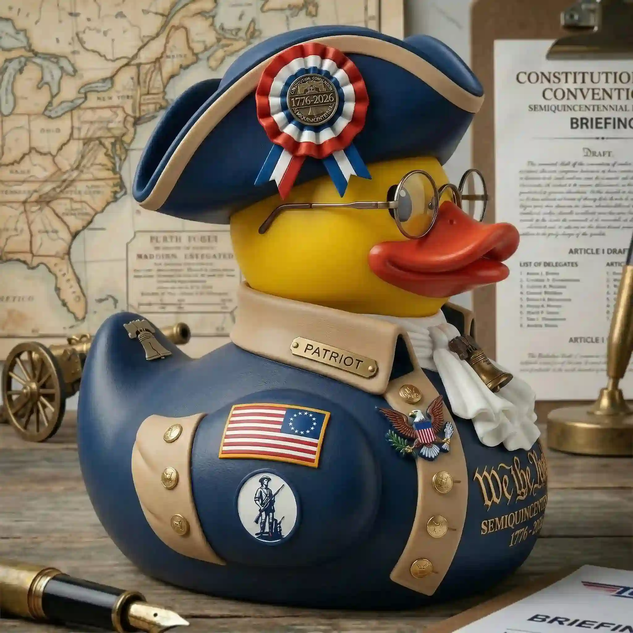 Patriotic colonial rubber duck displayed on desk with historic map background by Shicloth!