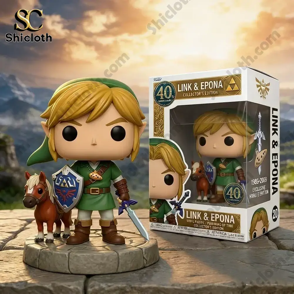 Link and Epona figure with box in outdoor scenic landscape