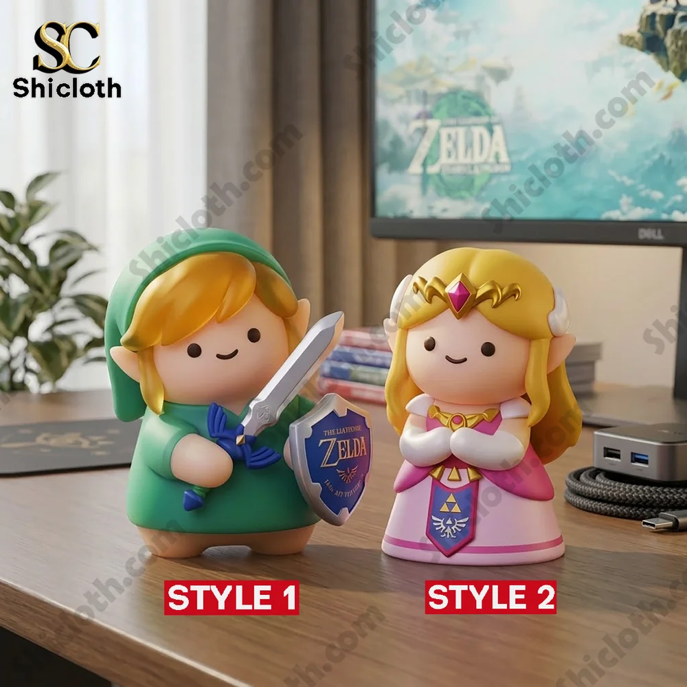 Cute Link and Zelda figures side by side on a desk in two different styles