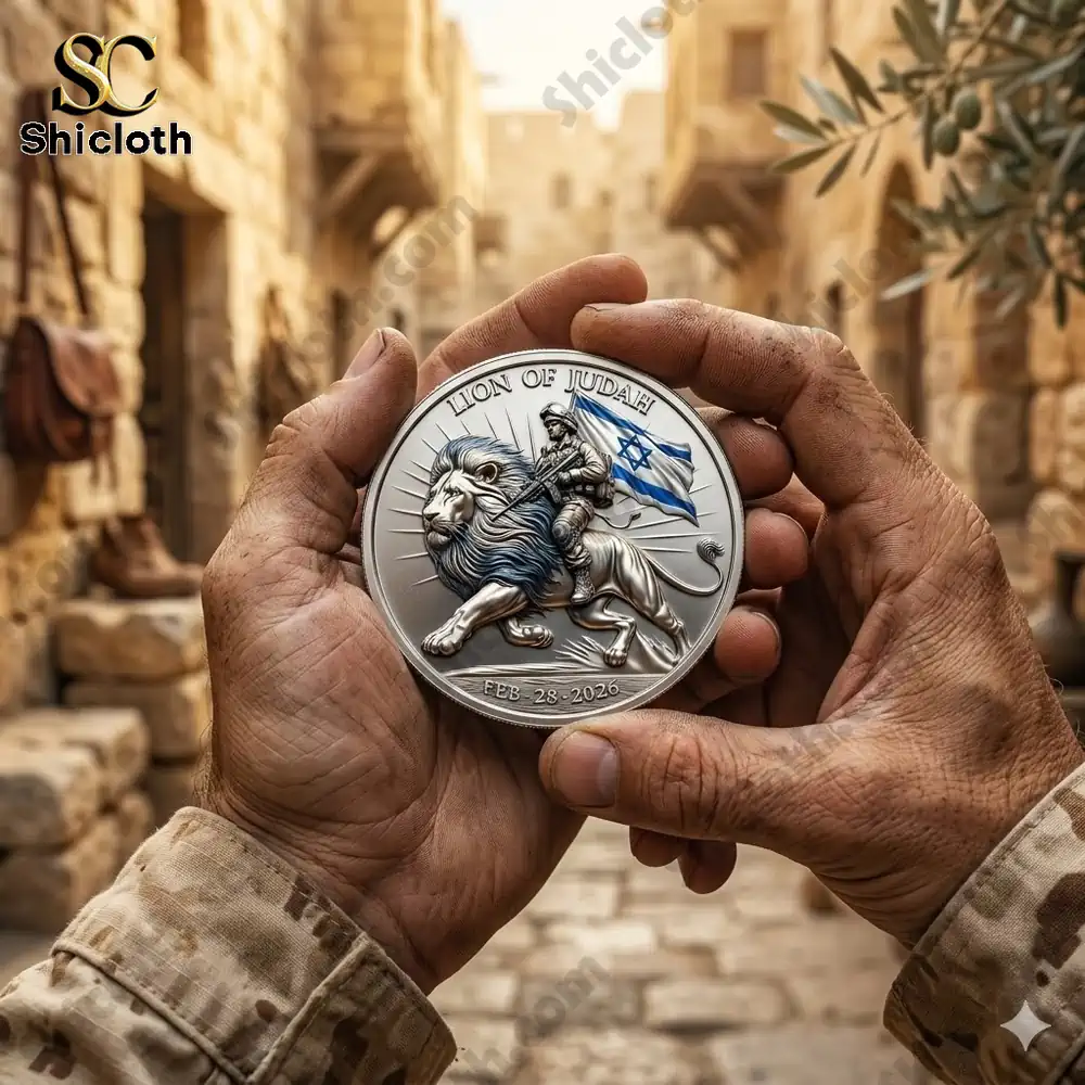 Hands holding Lion Of Judah Faith And Fortitude coin in historic street scene!