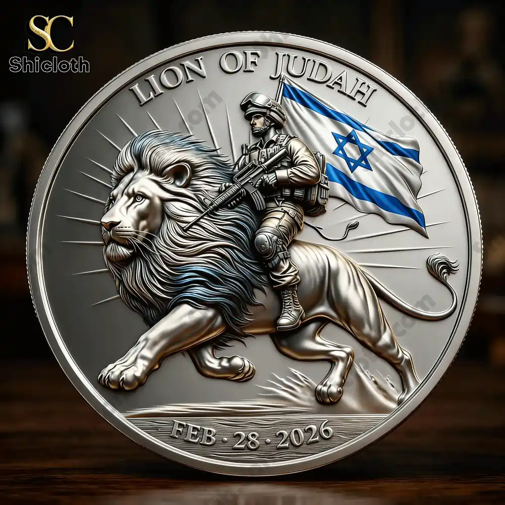 Front design of Lion Of Judah Faith And Fortitude commemorative coin with soldier riding lion!