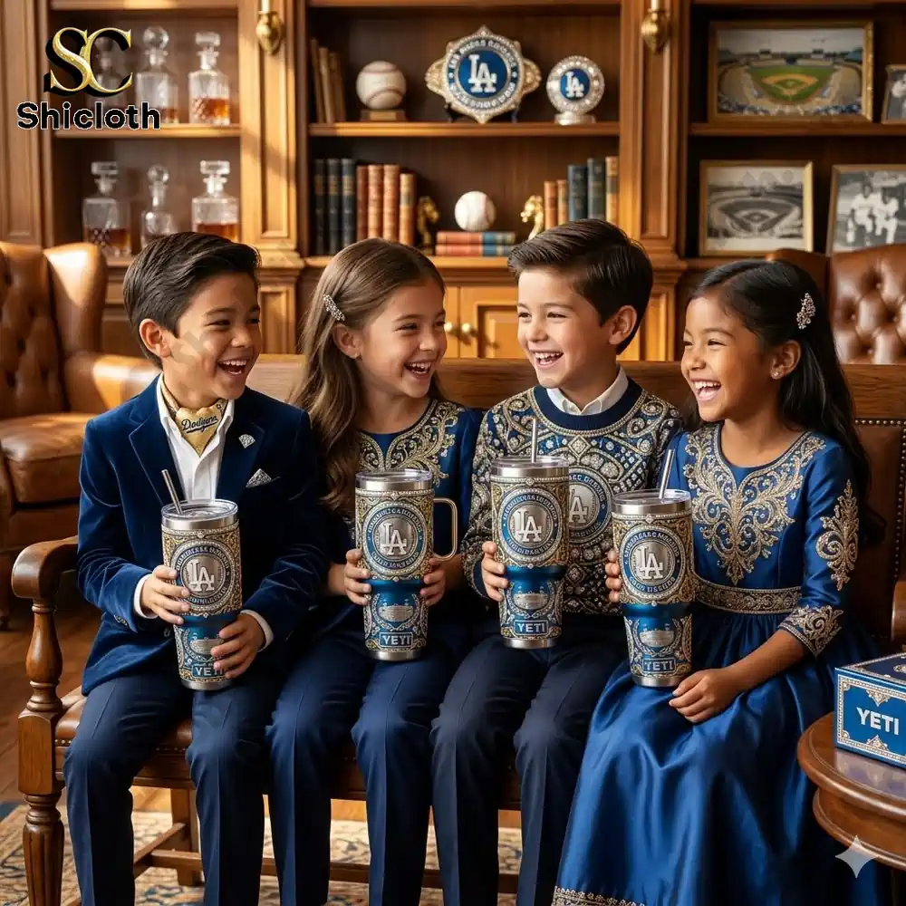 Kids holding Los Angeles Dodgers Blue Heaven tumbler in elegant room