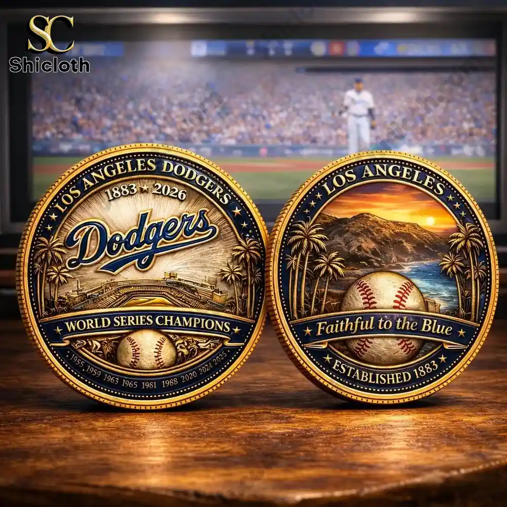 Los Angeles Dodgers Championship Legacy Commemorative Coin front and back on wooden table with baseball field background!
