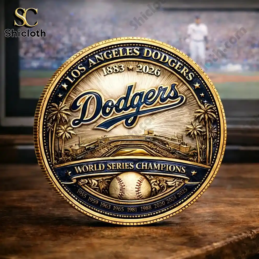 Front side of Los Angeles Dodgers Championship Legacy Commemorative Coin showing team logo and stadium design!