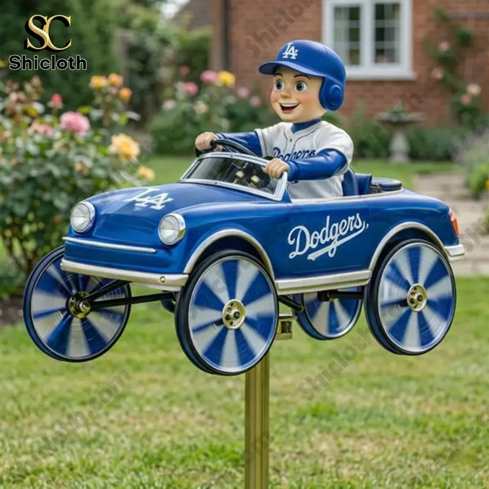 Dodgers wind spinner with player driving blue car in garden