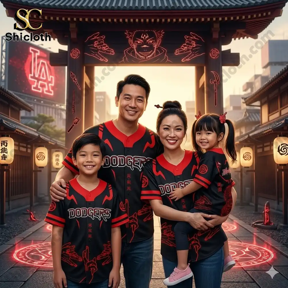 Family wearing black red Dodgers Jujutsu Kaisen jersey by Shicloth in a stylized street scene!