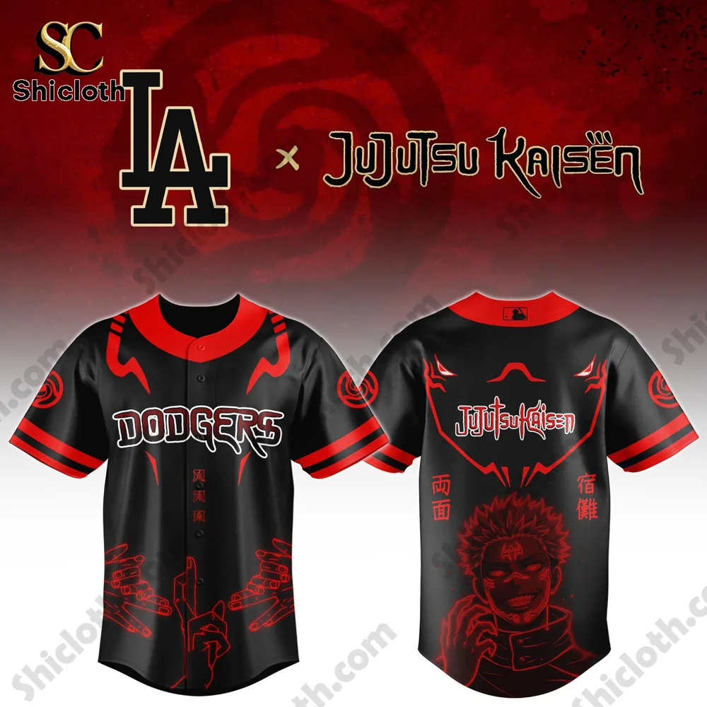 Front and back view of black red Dodgers Jujutsu Kaisen anime baseball jersey by Shicloth!