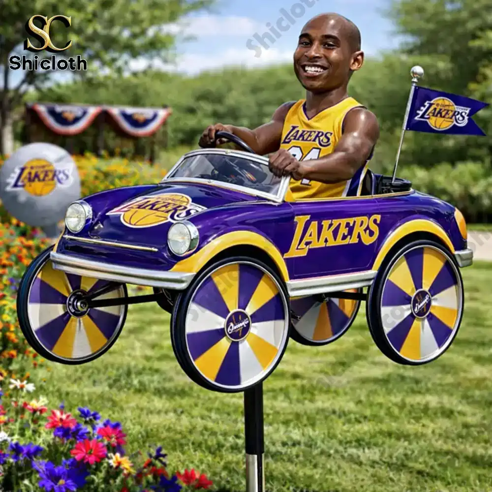 Lakers themed wind spinner car with smiling player driving!