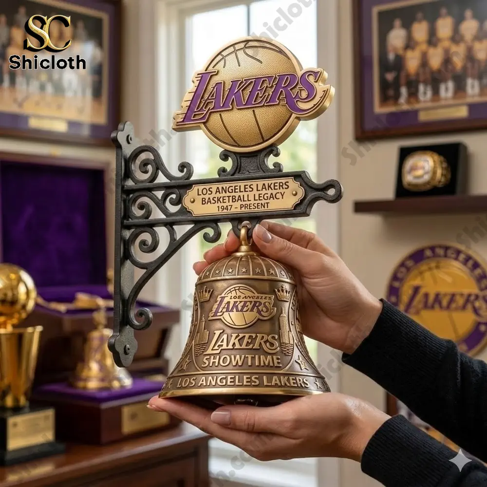 Los Angeles Lakers Showtime wall bell held in hands inside a basketball trophy room!