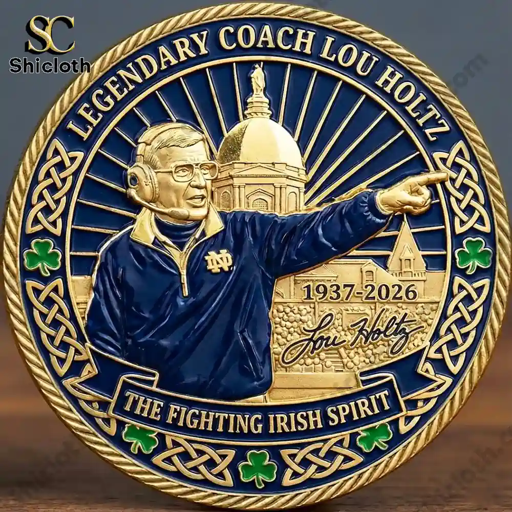 Notre Dame coach Lou Holtz pointing pose on commemorative coin design by Shicloth!