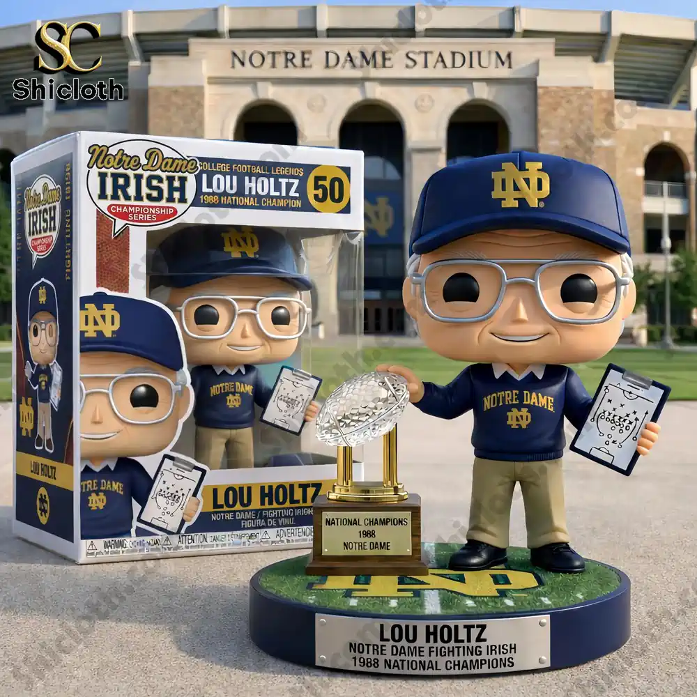 Lou Holtz Notre Dame coach collectible figure holding play sheet with championship trophy in front of stadium display!