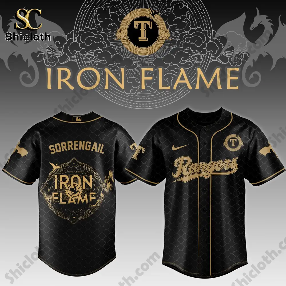 Texas Rangers Iron Flame black gold baseball jersey front and back design by Shicloth!