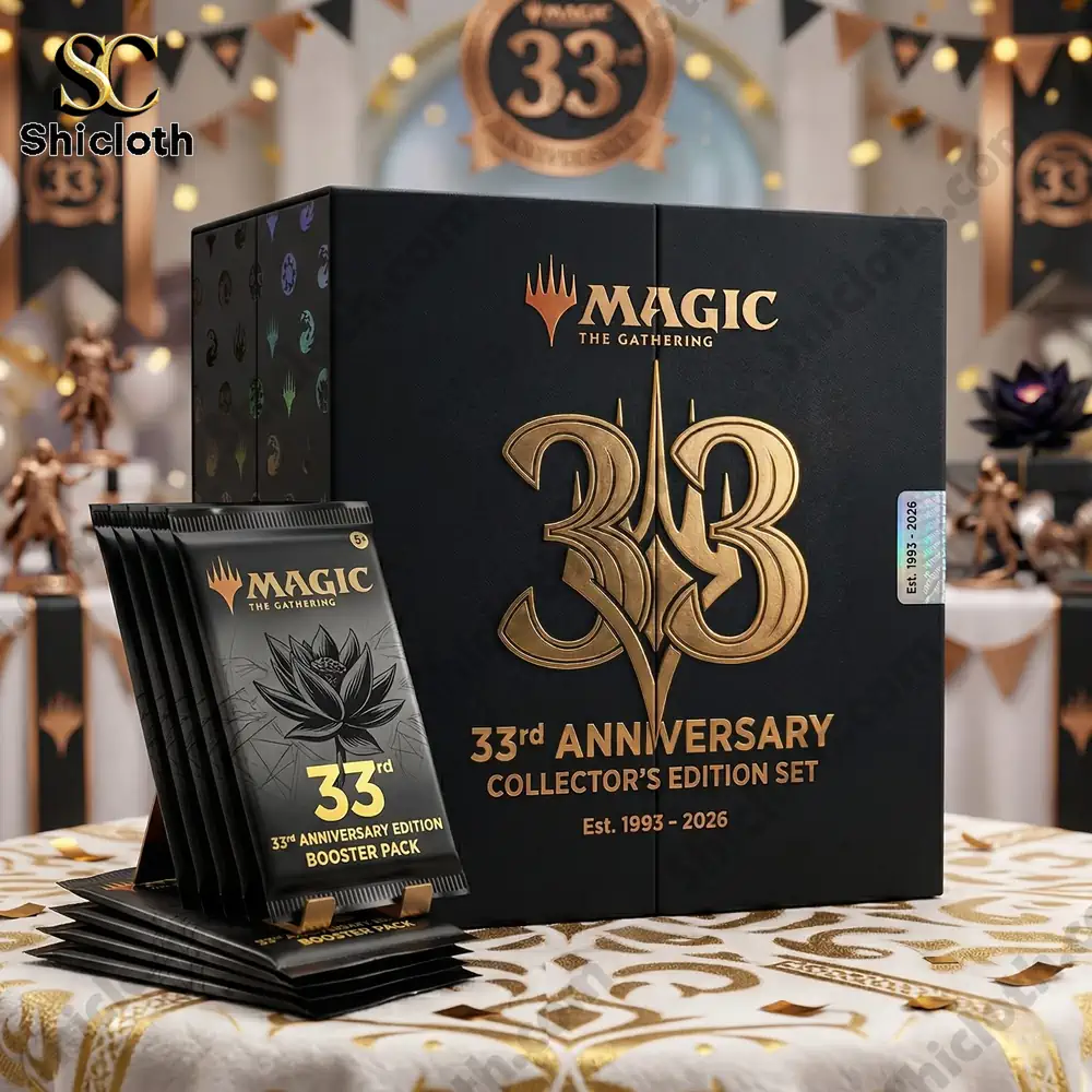 Magic card anniversary collector box with booster packs displayed on table