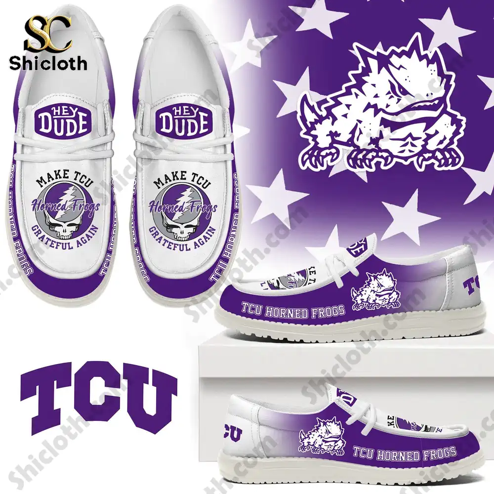 TCU Horned Frogs themed Hey Dude shoes with purple and white design by Shicloth!