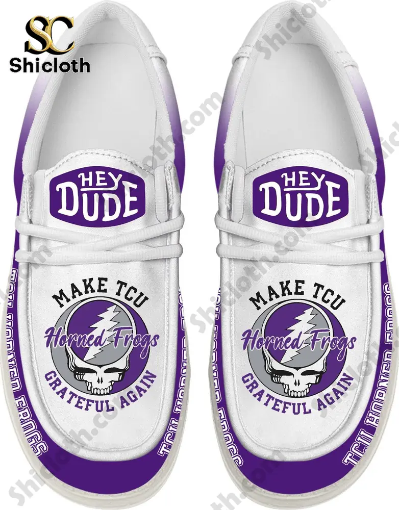 Top view of TCU Horned Frogs Hey Dude shoes with purple mascot design by Shicloth!