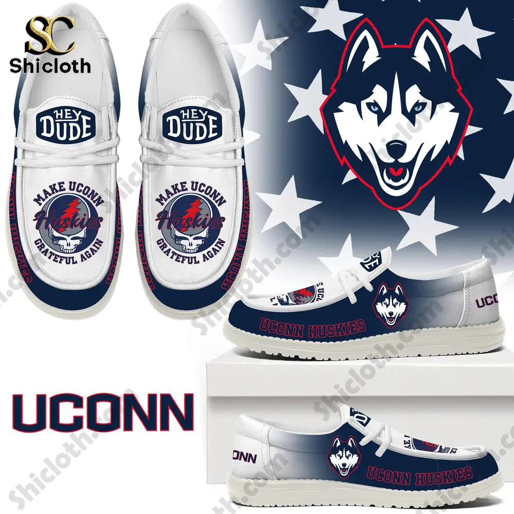 Uconn Huskies Hey Dude style shoes with husky logo and blue white team design!