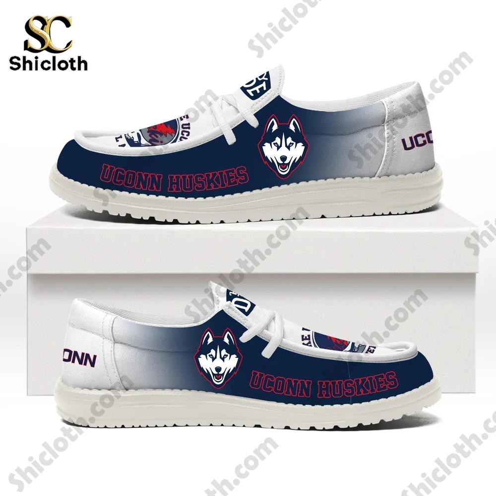 Uconn Huskies Hey Dude style shoes with husky logo and blue gradient design!
