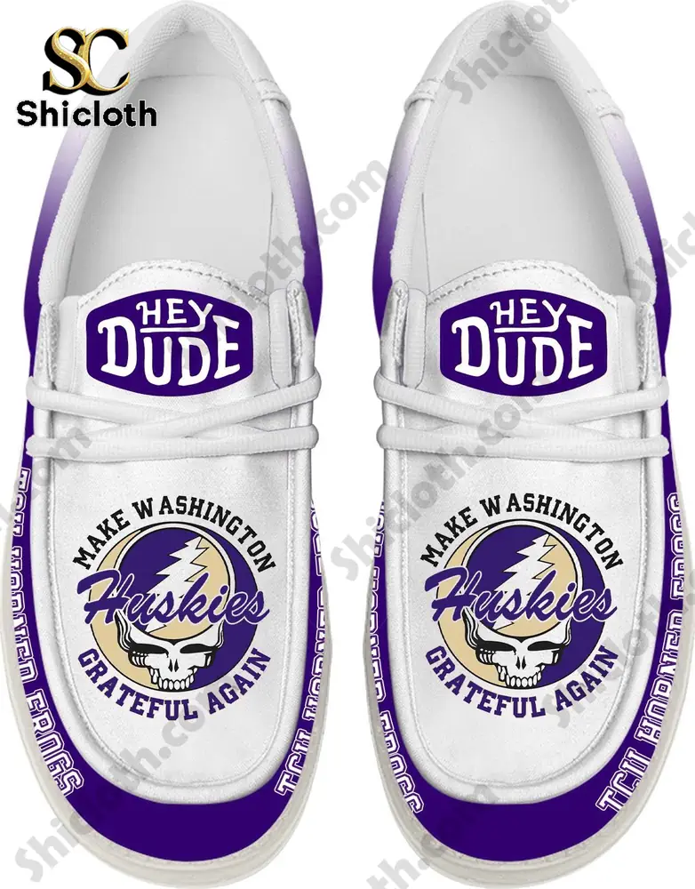 Top view of Washington Huskies Hey Dude shoes with purple logo design!