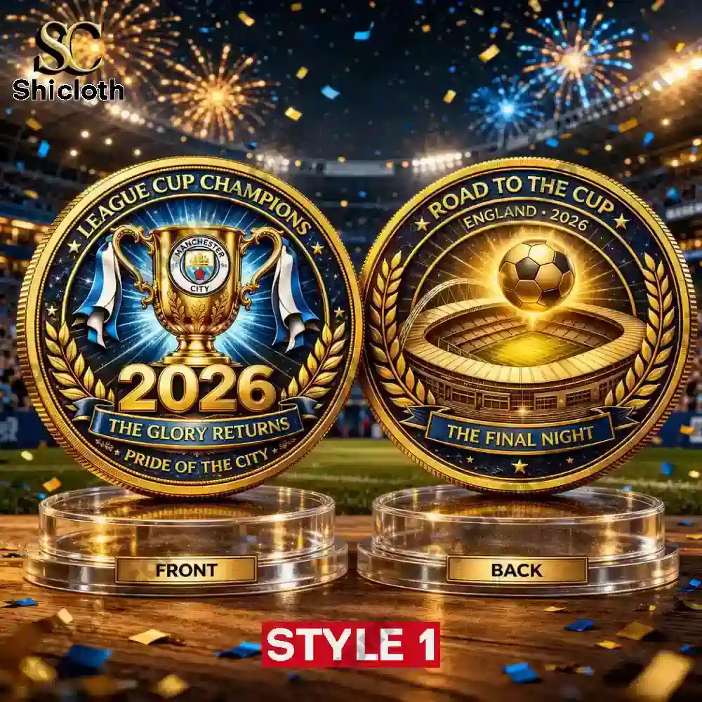 Gold commemorative coin with trophy and stadium design for 2026 league cup champions.