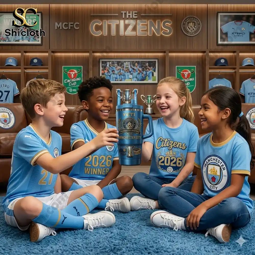 Kids wearing Manchester City shirts holding a blue champion tumbler together!