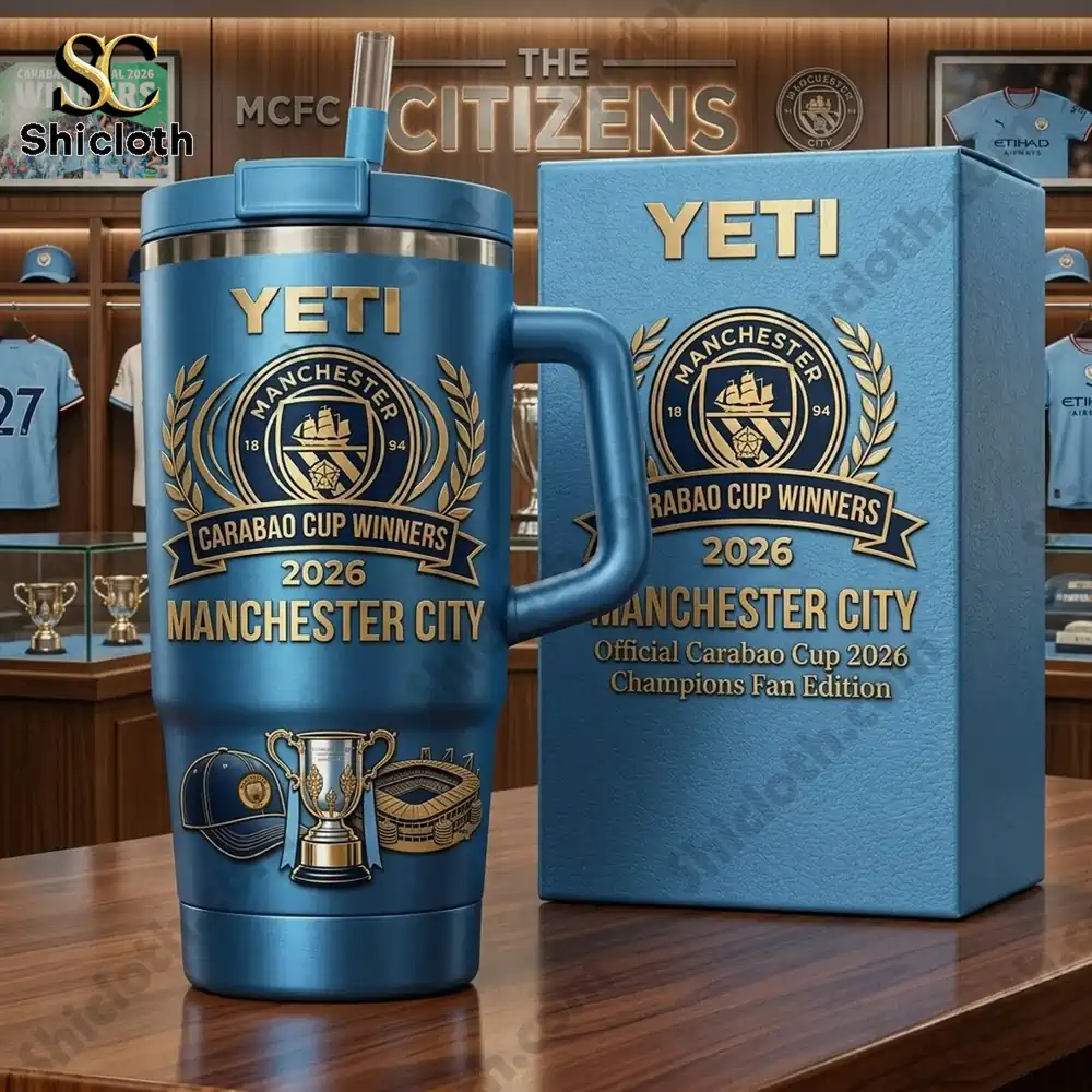 Close up of Manchester City champions blue tumbler with box packaging!