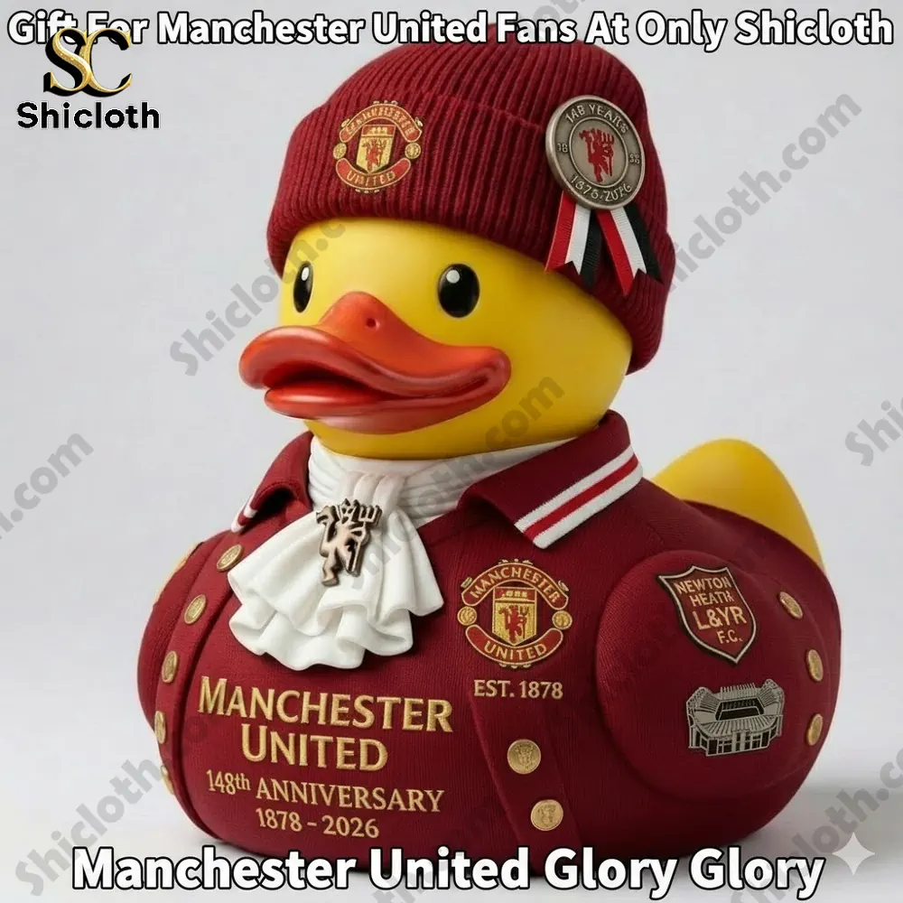 Yellow duck figure wearing red Manchester United outfit and hat anniversary collectible!