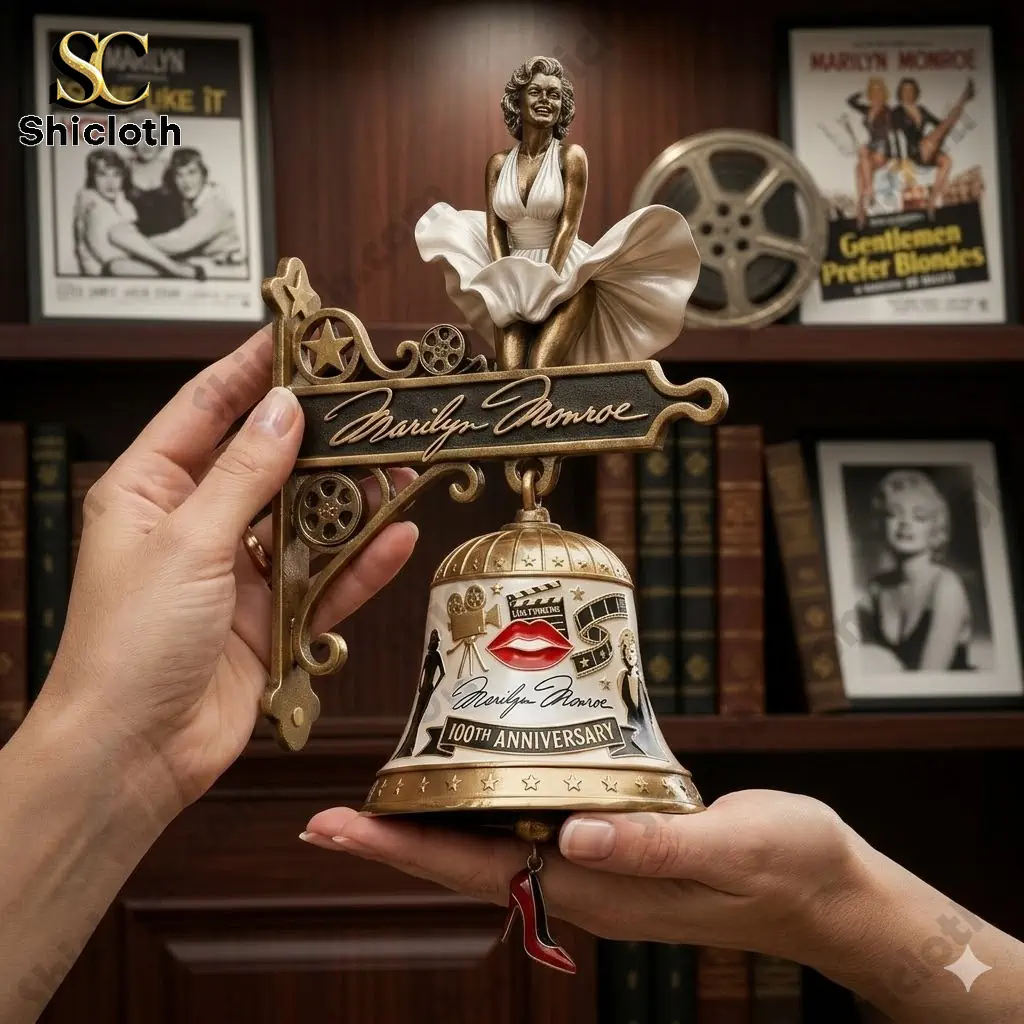 Marilyn Monroe 100th Anniversary 3D Hollywood decorative wall bell held in hands in front of bookshelf