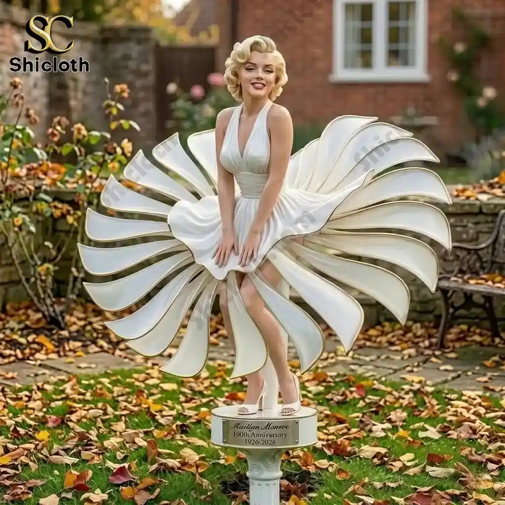 Marilyn Monroe style garden wind spinner statue in outdoor yard