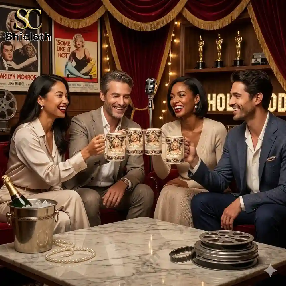 Friends celebrating with Marilyn Monroe Hollywood legend porcelain mugs in vintage cinema studio setting