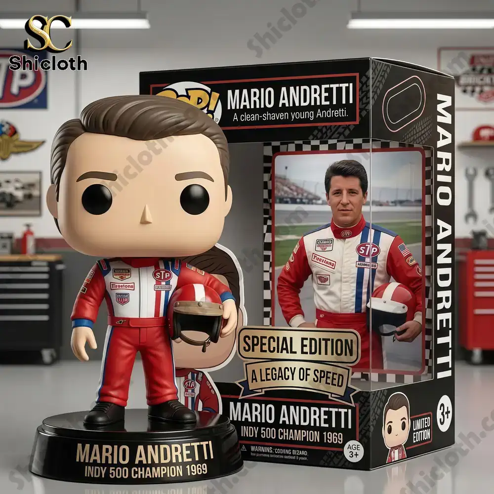 AC/DC 53rd Anniversary Commemorative Figure 75 Mario Andretti racing figure with helmet beside product box in garage setting!