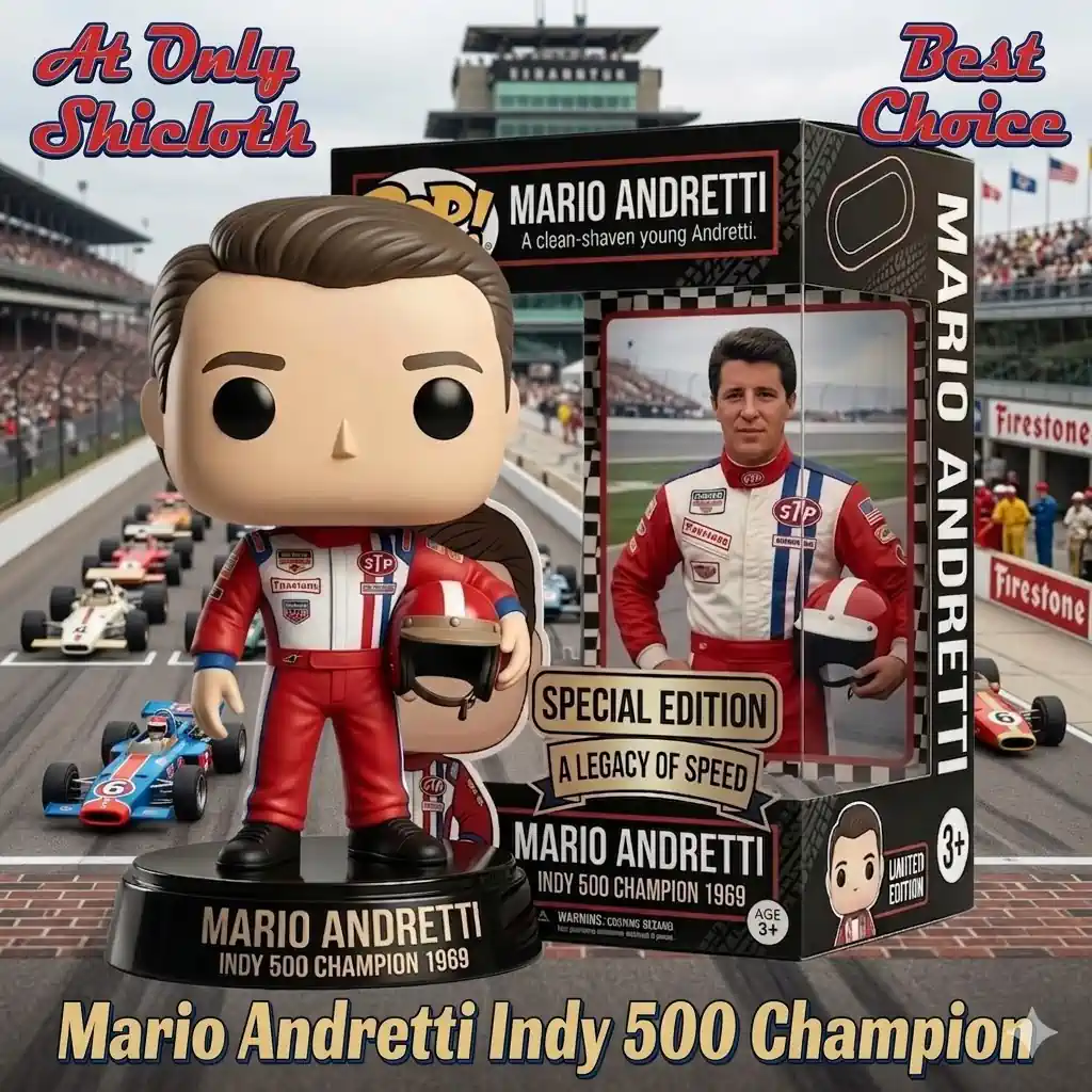 Mario Andretti racing figure with product box at Indy 500 track background!