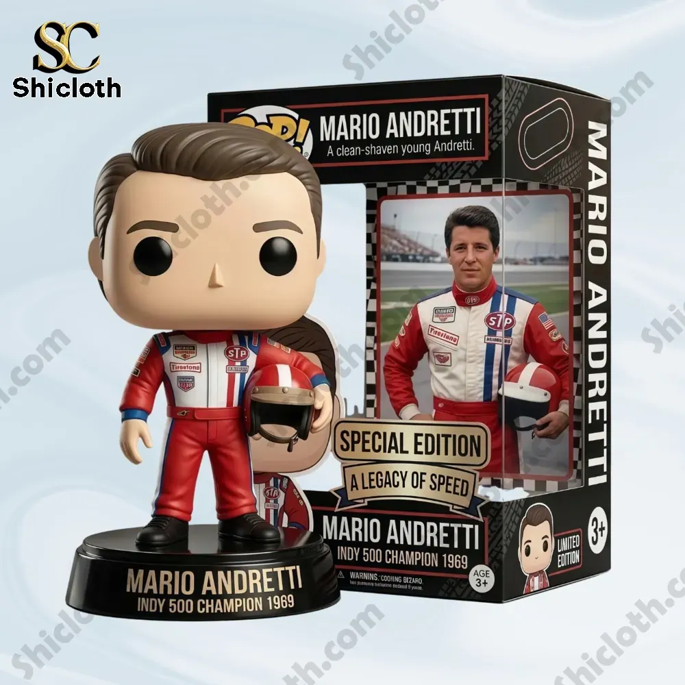 Mario Andretti Indy 500 Champion Commemorative Pop! Figure 3 Mario Andretti racing figure with box on clean background!