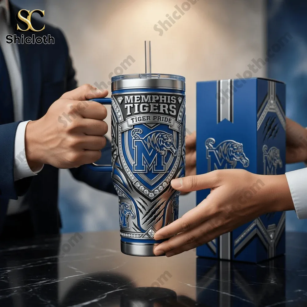 Memphis Tigers 40oz Tervis Tumbler With Handle 4 Two people exchanging Memphis Tigers tumbler with gift box!