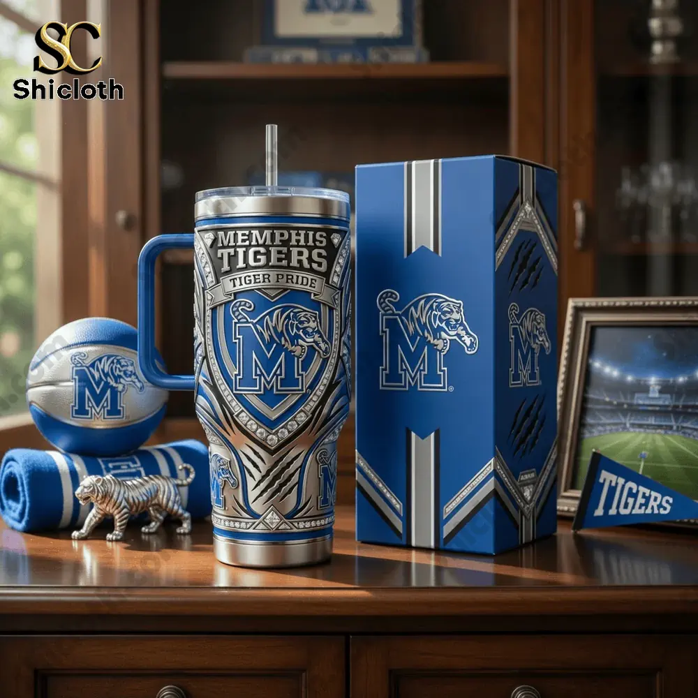 Memphis Tigers 40oz Tervis Tumbler With Handle 5 Memphis Tigers tumbler displayed with sports items and decor!