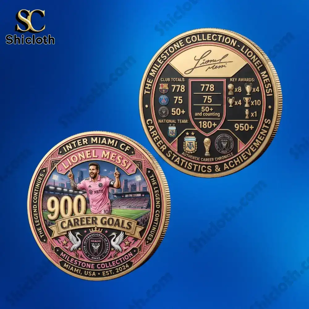 Lionel Messi commemorative coin showing 900 career goals and career statistics