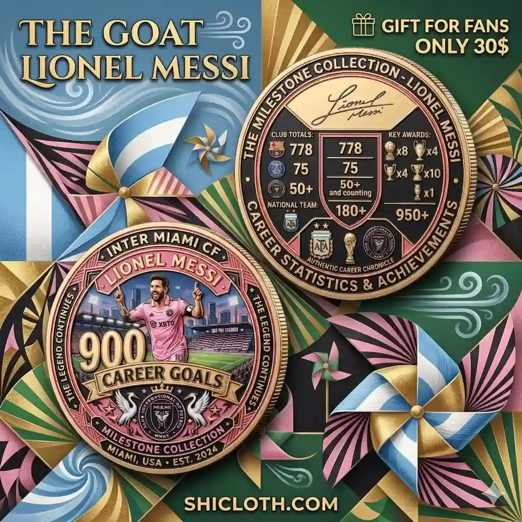 Promotional design of Lionel Messi milestone coin with colorful background and gift message