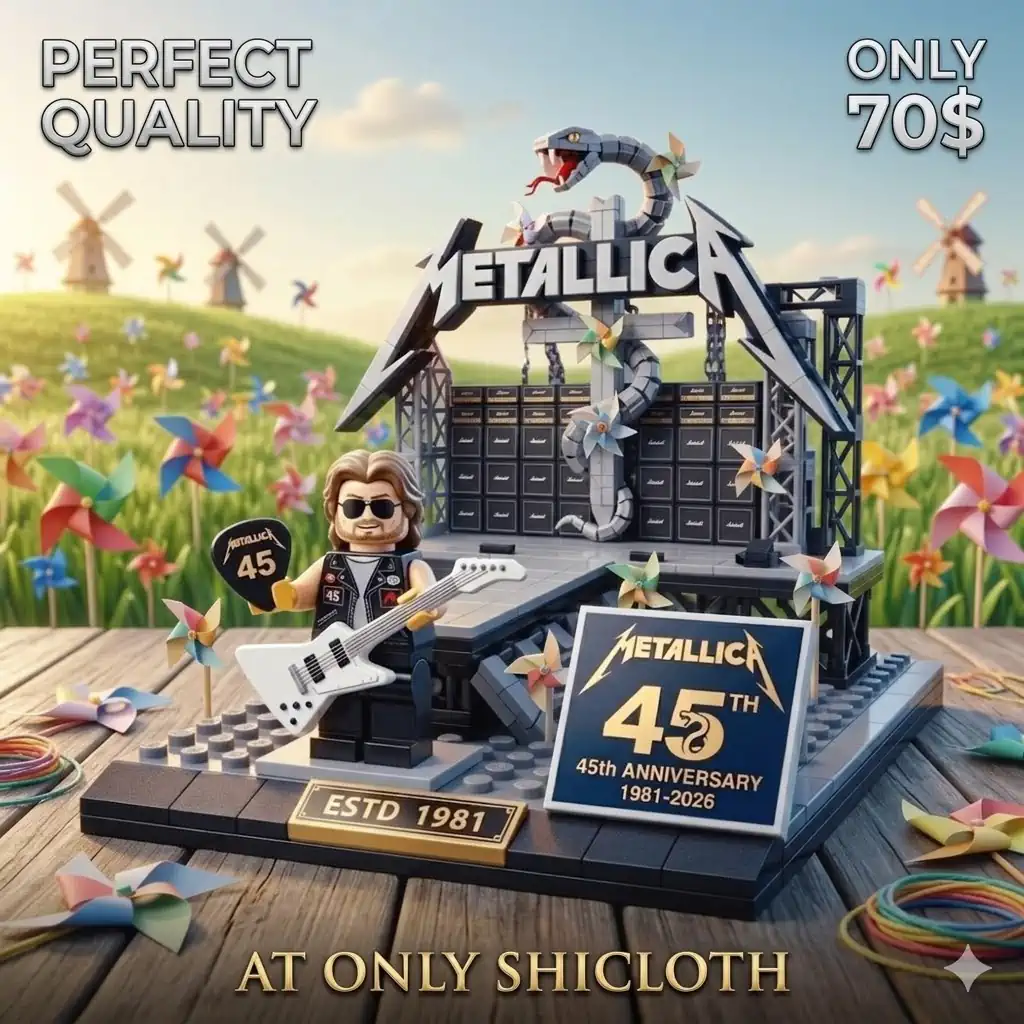 Metallica building block stage in colorful field with guitarist figure and pinwheel background!