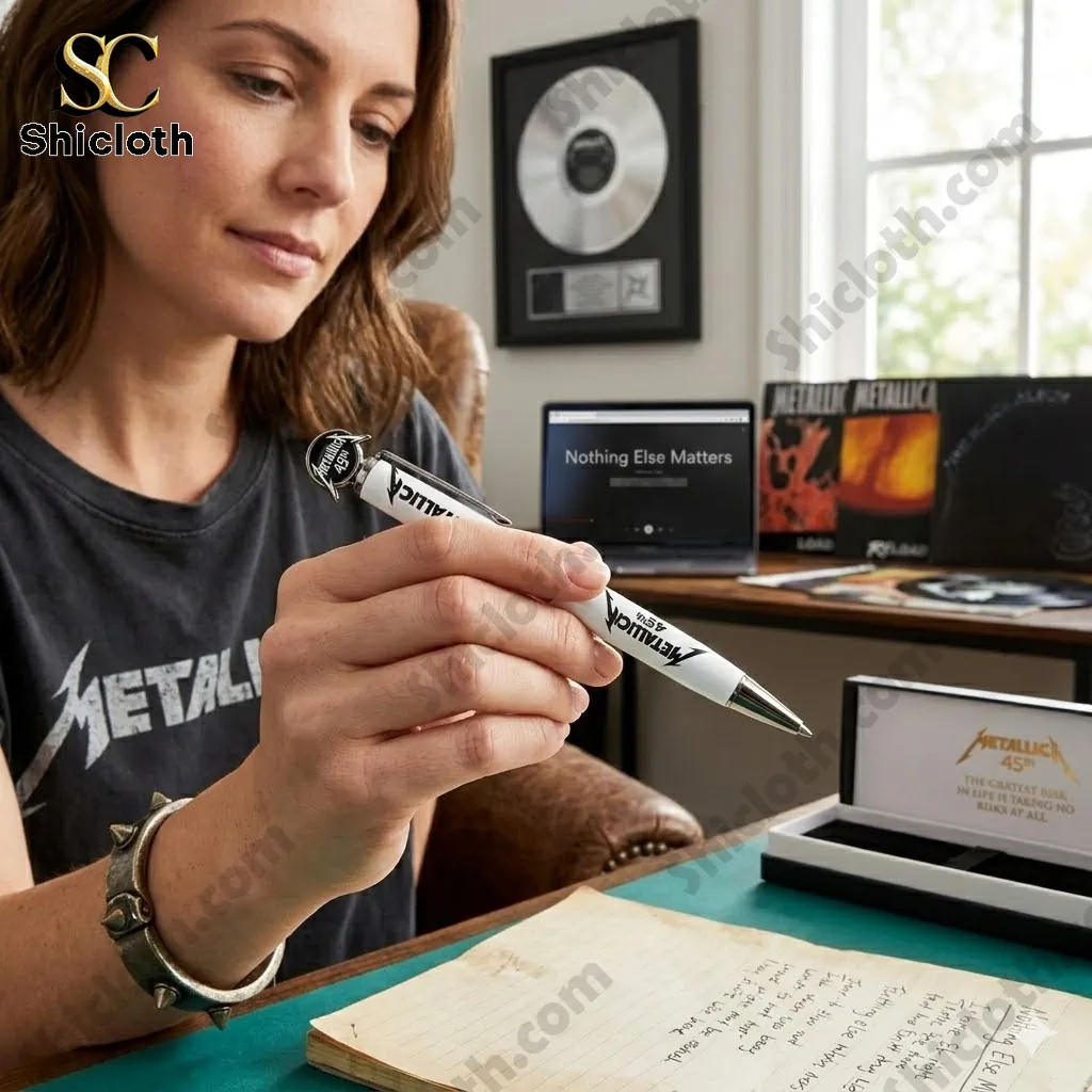 Woman holding Metallica 45th Anniversary commemorative pen at desk with albums in background.