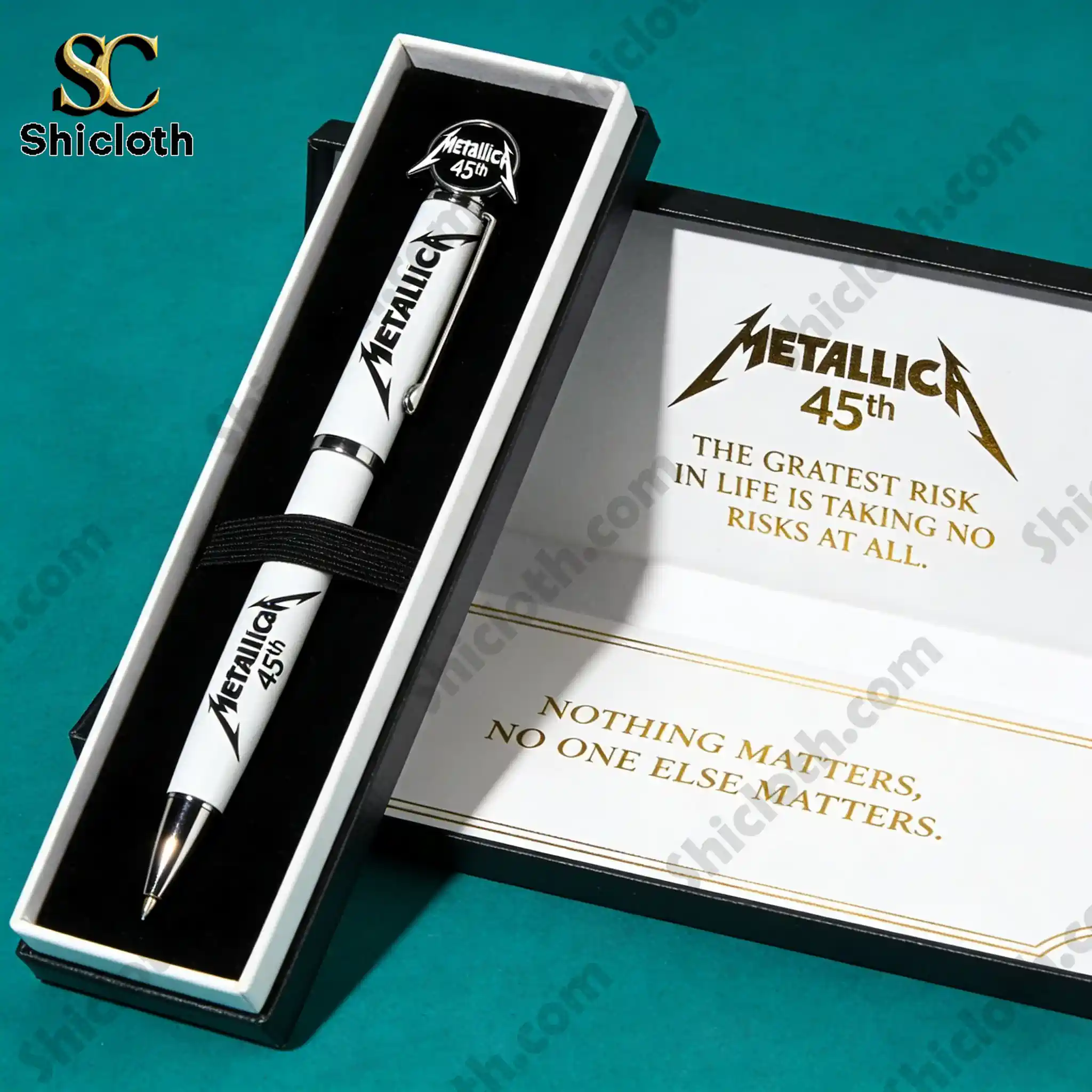 Close up of Metallica 45th Anniversary commemorative pen in premium gift box.
