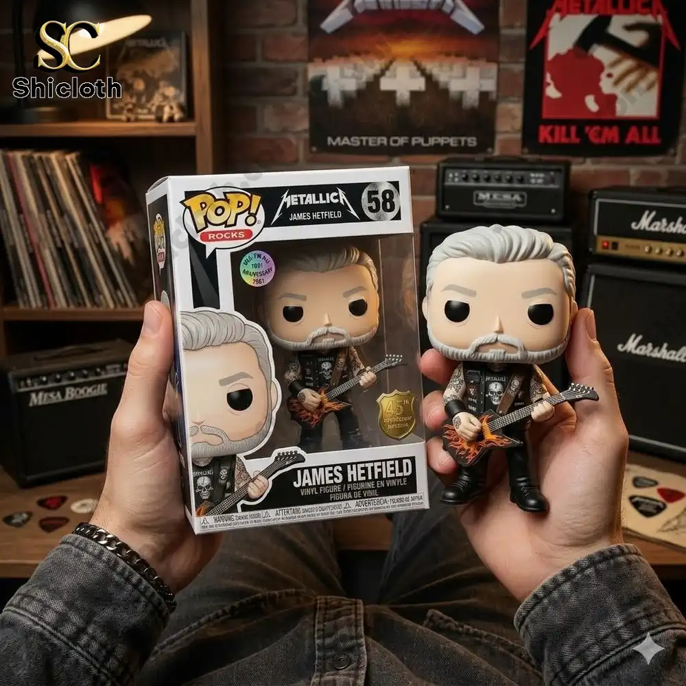 Metallica James Hetfield vinyl figure held in hands with product box in music room by Shicloth!