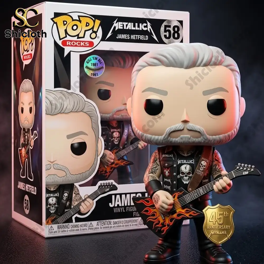 Metallica James Hetfield vinyl figure posed beside product box with dramatic lighting by Shicloth!