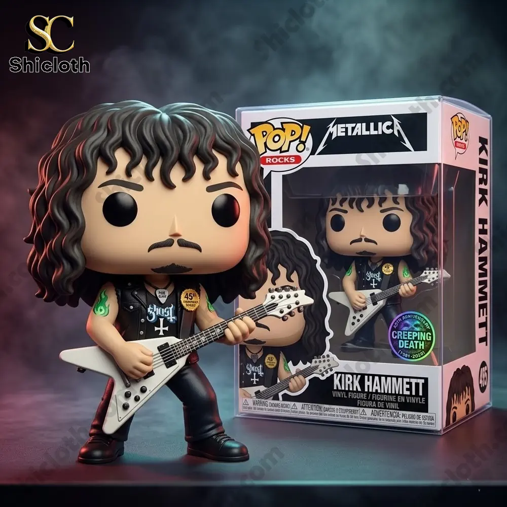 Chibi rock guitarist figure with white guitar standing beside collectible box in studio display scene!