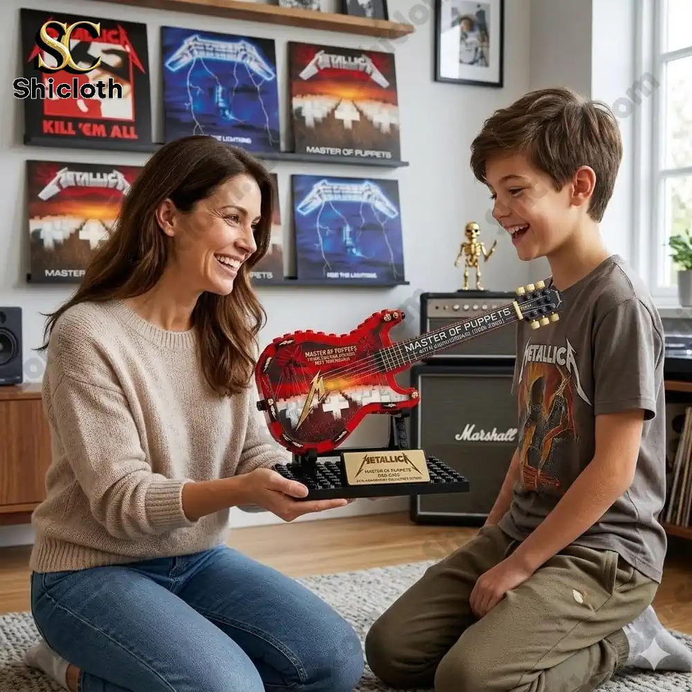 Mother giving child master of puppets guitar brick model from Shicloth!