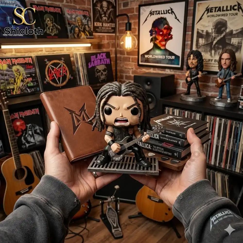 Metallica bassist Robert Trujillo style vinyl figure held in hands inside rock music room with Shicloth branding!
