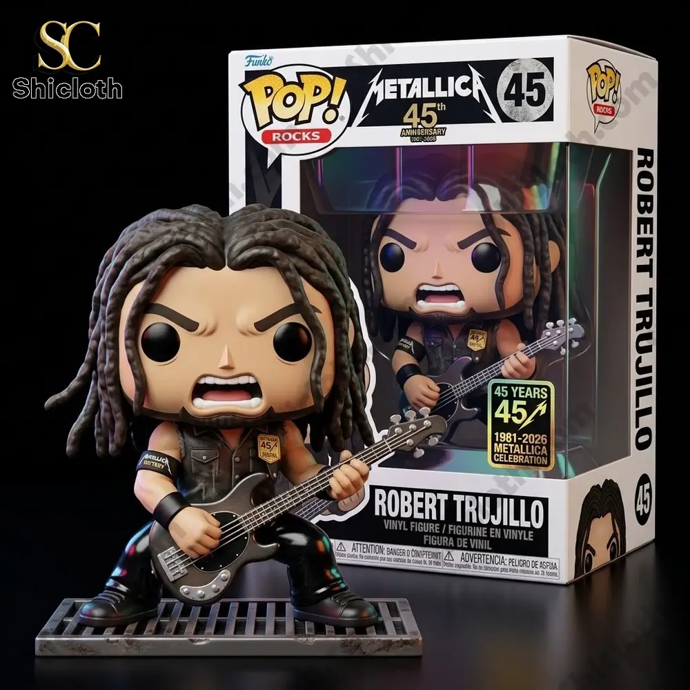 Robert Trujillo Metallica style vinyl figure standing beside collectible display box with anniversary theme!